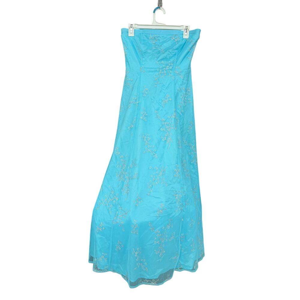 Vintage Y2K Aqua Blue Strapless Glitter Mesh Formal Prom Gown